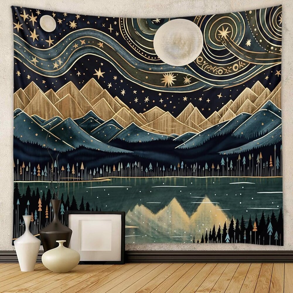 Mountain Forest Tapestry - Boho Landscape Moon Stars Wall Hanging for Bedroom, L